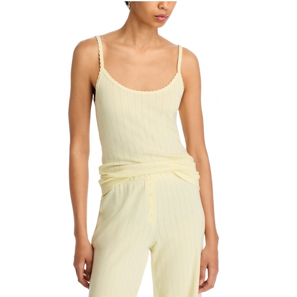 LESET Pointelle Tank Canary Yellow Scalloped Scoop Neck Cotton Top Large NEW